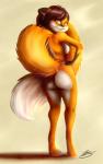 2017 anthro black_nose breasts brown_hair butt female fur hair hi_res jessi_(markis) looking_back mammal markis nipples nude oti'qkhit red_eyes side_boob solo yellow_body yellow_fur zachseligson