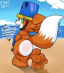 4_toes absurd_res anthro beach big_butt big_feet bucket bucket_hat butt canid canine container dirty_feet electricsnowfox feet foot_focus fox hi_res humanoid_feet male mammal nude plantigrade sand soles solo teapot_(body_type) thick_thighs toes