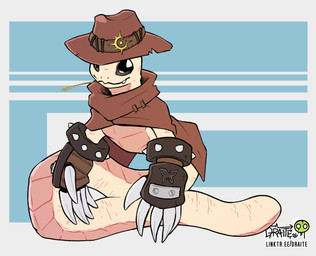 ambiguous_gender armor clothed clothing cowboy feral gauntlet_blades gauntlets gauntlets_(weapon) gloves handwear hat headgear headwear male poncho serpentine solo conditional_dnp draite lizard mole_lizard reptile scalie
