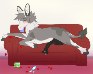 animal_genitalia animal_penis balls big_balls big_penis black_balls black_penis blush bodily_fluids cheek_tuft condom condom_in_mouth condom_wrapper cum cum_on_penis equine_genitalia equine_penis facial_tuft feral flared_penis fluffy_ears fluffy_mane fur furniture genital_fluids genitals grey_body grey_fur hooves inside looking_back lounging lying lying_on_sofa male mane medial_ring mouth_hold neck_tuft object_in_mouth on_front on_sofa penis petals rose_petals sexual_barrier_device sofa solo tail tail_tuft tuft white_body white_fur gushoafterdark flicker_(wasd65) asinus donkey equid equine mammal 2025 absurd_res hi_res
