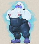 anthro barazoku big_bulge big_pecs blue_eyes blush bodily_fluids boots bulge clothing footwear genital_fluids grey_background male musclegut muscular muscular_male overalls pecs precum shoes simple_background solo white_body hunnipanda kirby_(series) nintendo mr._frosty_(kirby) mammal marine pinniped walrus hi_res