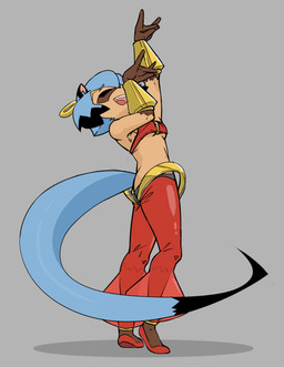 alternate_form anthro bandeau black_tail_tip blue_hair blue_tail bottomwear bracelet breasts brown_body brown_fur butt clothed clothing cosplay crossover_cosplay dipstick_tail ear_piercing ear_ring eyes_closed facial_markings fangs female footwear fox_hand_gesture fur gloves_(marking) gold_(metal) gold_bracelet gold_ear_ring gold_jewelry grey_background hair harem_pants head_markings jewelry leg_markings long_tail markings mask_(marking) open_mouth open_smile pants piercing pose red_clothing ring_piercing shoes short_hair simple_background small_breasts smile socks_(marking) solo tail tail_markings teeth topwear translucent translucent_bottomwear translucent_clothing translucent_pants high5art brand_new_animal shantae_(series) studio_trigger wayforward michiru_kagemori shantae canid canine mammal raccoon_dog tanuki 2022 crossover digital_drawing_(artwork) digital_media_(artwork) full-length_portrait hi_res portrait