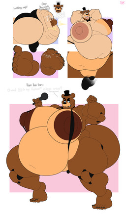 anthro barefoot belly belly_squish big_belly big_muscles big_pecs biped brown_body brown_fur duo feet fur huge_belly huge_muscles huge_pecs hyper hyper_belly hyper_muscles hyper_pecs male male/male muscular pecs squish extra_huge_bob five_nights_at_freddy's scottgames freddy_(fnaf) bear mammal 2025 hi_res