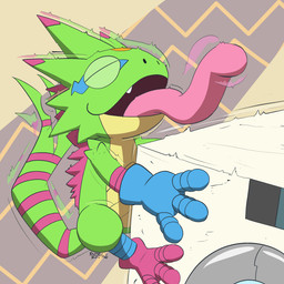 anthro appliance eyes_closed green_body laundry_machine long_tongue male smile solo tongue tongue_out vibrating washing_machine taphen bandai_namco digimon digimon_beatbreak digimon_(species) gekkomon scalie 1:1 hi_res