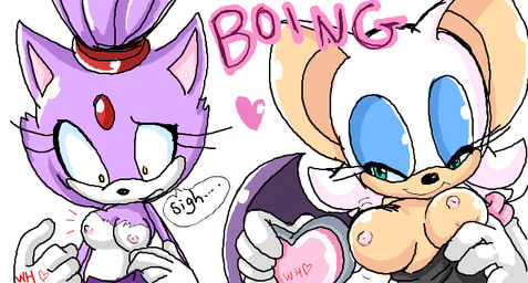 anthro big_breasts boing breast_envy breast_size_difference breasts clothing comparing comparing_breasts duo female hair heart_symbol membrane_(anatomy) membranous_wings nipples purple_hair simple_background small_breast_angst teal_eyes text undressing white_background wings yellow_eyes unknown_artist sega sonic_the_hedgehog_(series) blaze_the_cat rouge_the_bat bat domestic_cat felid feline felis mammal english_text