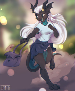 anthro bag big_eyes black_body blue_eyes bottomwear breasts clothing female furniture hair happy head_horn horn horn_jewelry horn_ring inside jewelry letter long_hair looking_at_viewer looking_pleasured lying non-mammal_breasts panties ring_(jewelry) shirt skirt small_breasts smile solo t-shirt tail text tongue topwear underwear white_hair shyryp mythology starlight_vine dragon hybrid mammal mythological_creature mythological_scalie scalie absurd_res digital_media_(artwork) english_text hi_res
