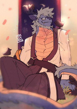 ambiguous_gender anthro anthro_focus asian_clothing bared_fangs beard blue_body blue_fur clothing east_asian_clothing eyes_closed eyewear facial_hair feral fur glasses grey_beard grey_facial_hair group japanese_clothing kimono male muscular muscular_anthro muscular_male scales sitting solo_focus trio wearing_glasses yellow_body yellow_scales hemuchang mythology avian bird dragon eastern_dragon mythological_creature mythological_scalie scalie 2022 hi_res