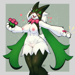 anthro areola big_breasts biped blush breasts female female_anthro fur genitals green_body green_fur looking_at_viewer nipples pink_areola pink_nipples solo vulva eternity-zinogre nintendo pokemon generation_9_pokemon meowscarada pokemon_(species) 1:1 2026 hi_res