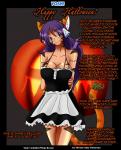 big_breasts black_border black_stripes blue_eyes border breasts cat_tail cleavage clothed clothing facial_markings feline_tail female hair hands_behind_back head_markings holidays huge_breasts inner_ear_fluff long_hair looking_at_viewer machine maid_uniform markings purple_hair simple_background smile solo stripes text tuft uniform sageofotherworlds halloween yosh!_comics kate_summers toyoko android animal_humanoid cat_humanoid domestic_cat felid felid_humanoid feline feline_humanoid felis humanoid mammal mammal_humanoid robot english_text