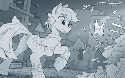 alternate_universe bandage clothed clothed_feral clothing cutie_mark feathered_wings feathers feral hooves jacket male pip-boy rubble smile solo topwear underhoof vault_suit wings yakovlev-vad fallout fallout_equestria hasbro microsoft my_little_pony mythology fan_character arthropod butterfly equid equine horse insect lepidopteran mammal mythological_creature mythological_equine pegasus pony hi_res monochrome