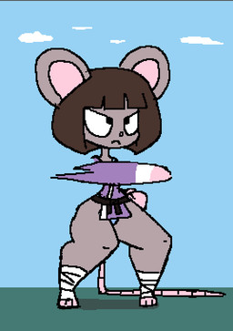 anthro bandage bandaged_leg barefoot black_eyes breasts brown_hair clothed clothing feet female flat_chested grey_body hair keikogi martial_arts_uniform night panties panty_shot punch small_breasts solo sportswear sunset tail thick_thighs training underwear wide_hips usagibun1 ida_(usagibun1) mammal mouse murid murine rodent 2025 animated digital_media_(artwork) hi_res