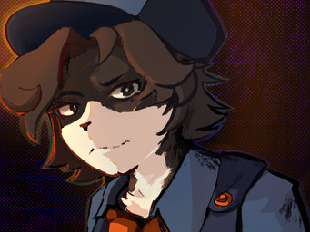 anthro bangs black_eyes brown_body brown_fur brown_hair clothing female fur gradient_background hair hat headgear headwear multicolored_body multicolored_fur necktie parted_bangs police police_officer police_uniform pupils simple_background solo suit two_tone_body two_tone_fur uniform white_body white_fur white_pupils white_sclera fuseadrift border_collie canid canine canis collie domestic_dog herding_dog mammal pastoral_dog sheepdog 4:3 hi_res