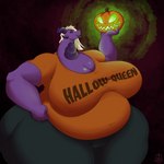 belly big_belly big_breasts breasts calithae clothing female food fruit hair holidays jack-o'-lantern lips overweight plant pumpkin shirt thick_lips topwear white_hair wide_hips brewheardt halloween mythology cali dragon mythological_creature mythological_scalie scalie 1:1 2022 absurd_res hi_res