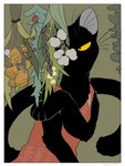 2021 ambiguous_gender black_body clothed clothing domestic_cat felid feline felis flower hi_res mammal paws plant solo tail urushi_(yorozumaru) whiskers yellow_eyes yorozumaru