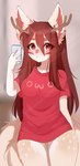 anthro antlers bangs blush bottomless breasts brown_hair clothed clothing electronics eyelashes female fur hair holding_object holding_phone horn long_hair long_shirt mirror_selfie owo phone red_clothing red_eyes red_shirt red_topwear selfie shirt solo standing topwear fredek666 deer mammal digital_media_(artwork) hi_res portrait shaded three-quarter_portrait