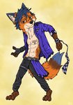 3_toes 4_fingers anthro blue_hair brown_body brown_eyes brown_fur dancing feet fingers fur hair male orange_body orange_fur scar solo tattoo toes ziegelzeig bad_guy_cafe artemis_(smneff) canid canine fox mammal hi_res