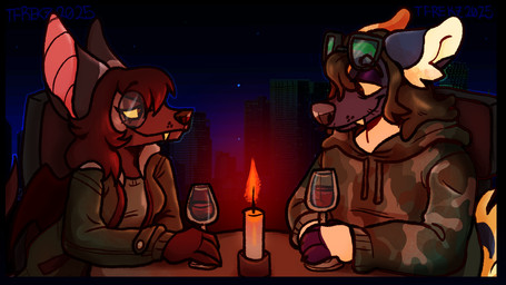 alcohol anthro beverage candle city city_background clothing date dinner_table duo female hoodie jacket male male/female outside romantic romantic_ambiance romantic_couple topwear wine tfrekz brooke_(tfrekz) dakota_(tfrekz) bat canid canine canis domestic_dog mammal shiba_inu spitz 16:9 hi_res widescreen