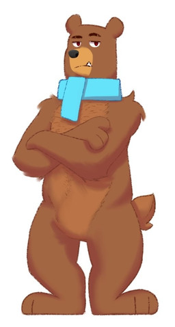 anthro body_hair chest_hair crossed_arms eyebrows fang_out looking_at_viewer male mostly_nude nude raised_eyebrow scarf scarf_only shadow simple_background solo white_background dibujugador duolingo falstaff_(duolingo) bear mammal