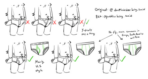 anthro black_text briefs briefs_only check_mark clothed clothing directional_arrow male solo text topless underwear underwear_only x_mark y-fronts fudatsu tinydeerguy bluesky mammal english_text hi_res