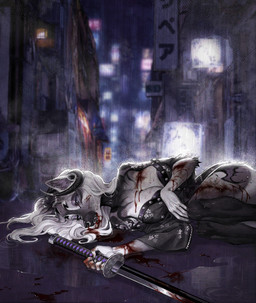 anthro biped black_body black_markings black_nose blood bodily_fluids breasts city claws cleavage clothed clothing corpse countershade_torso countershading death ear_piercing eyebrows female gore hair holding_melee_weapon holding_object holding_sword holding_weapon inner_ear_fluff katana leg_markings markings melee_weapon multicolored_body night on_ground open_mouth outside piercing raining red_clothing sharp_teeth socks_(marking) solo sword teeth tuft two_tone_body weapon white_body white_hair wounded frank-79 ambiguous_species canid canine mammal 2022 hi_res