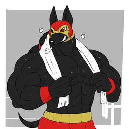 abs after_exercise anthro armwear big_muscles black_body black_fur bodily_fluids clothing exercise fur grey_background lucha_libre_mask luchador male mask muscular muscular_male pecs simple_background smile solo sports_mask sportswear sweat towel workout wrestler wrestling_mask reagan700 anubian_jackal canid canine canis jackal mammal 1:1 hi_res