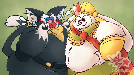anthro belly belly_grab belly_overhang belly_squish belt big_belly big_butt big_ears black_body black_fur blue_eyes blush bracelet butt cape clothing duo embarrassed fangs fat_arms fluffy fur gold_(metal) gold_jewelry handkerchief heart_nose heart_symbol jewelry kerchief male male/male mask moobs navel neckwear obese obese_anthro obese_male open_mouth overweight overweight_anthro overweight_male robe squish teeth thick_thighs tongue whiskers white_body white_fur justwatchingthings american_mythology atlus aztec_mythology megami_tensei mesoamerican_mythology mythology persona_(series) persona_5 sega morgana_(persona) tochi_(justwatchingthings) domestic_cat felid feline felis lagomorph leporid mammal rabbit tuxedo_cat hi_res