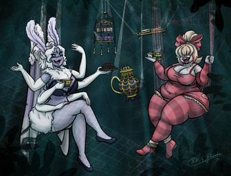 anthro big_breasts breasts duo female female/female fur hair membrane_(anatomy) membranous_wings multi_eye multi_limb overweight slightly_chubby spider_web wings tekandprieda the_rune_tapper spindle_(tekandprieda) sugar_garcia_(imadeej) arachnid arachubus arthropod demon hybrid insect lepidopteran moth spider succubus digital_media_(artwork)