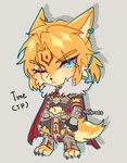 alternate_species anthro armor blonde_hair blue_eyes cape chibi clothing ear_piercing fur furrification hair looking_at_viewer male one_eye_closed piercing ponytail simple_background solo white_body white_fur yellow_body yellow_fur altern015 nintendo ocarina_of_time the_legend_of_zelda link canid canine canis mammal wolf 2023 signature