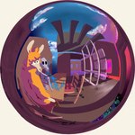 ambiguous_gender anthro bone building cloud detailed_background fisheye_lens fur house orange_body orange_fur skeleton sky solo sunset surreal okayhime camelid llama mammal 1:1 360_fov hi_res