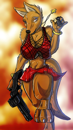 big_breasts blue_eyes bottomwear bra bracelet breasts brown_body brown_fur clothing explosives female fur grenade gun handgun jewelry ranged_weapon revolver skirt solo tail underwear weapon dukebarbatos kangaroo macropod mammal marsupial 9:16