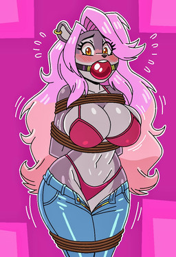 anthro ball_gag bdsm big_breasts blush bondage bottomwear bottomwear_down bound breasts captured clothed clothing curvy_figure denim denim_bottomwear denim_clothing female fur gag grey_body grey_fur hair jeans lingerie looking_at_viewer makeup pants pants_down partially_clothed pink_hair restraints rope rope_bondage solo struggling thick_thighs wide_hips worried yellow_eyes jamoart jaxattax helene_marilyn cricetid mammal rodent hi_res