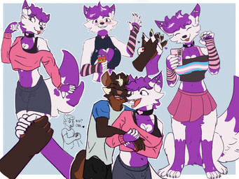 4_fingers 6_fingers 7_fingers anthro big_breasts biped blush bottomwear breasts brown_body bulge cellphone cleavage cleavage_cutout clothed clothing collar crop_top cutout ear_piercing electronics eyebrow_piercing eyes_closed facial_piercing fingers fur gynomorph hair hand_holding holding_object holding_phone hug huge_breasts hugging_another hugging_from_behind industrial_piercing intersex intersex/male looking_at_viewer male midriff multi_limb multicolored_body multicolored_fur nervous nervous_smile open_mouth phone piercing polydactyly shirt simple_background smartphone smile tail taking_picture taking_selfie teeth text tongue tongue_out topwear white_body white_fur pimientanas kari_(karithefoxtaur) nayrbo_(pimientanas) arctic_fox canid canine fox mammal mammal_taur mephitid skunk taur true_fox hi_res multiple_scenes trans_(lore) trans_woman_(lore)