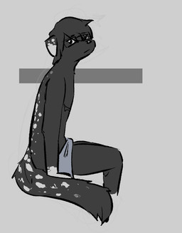 anthro bangs black_body black_fur bored character_art clothed clothing eyewear facial_tuft fur glasses grey_background long_tail looking_at_viewer male markings neutral_expression rectangular_glasses side_view simple_background sitting spots tail tired towel tuft white_markings white_spots borealhao lamapola chaz_(lamapola) canid canine canis domestic_dog mammal monochrome sketch