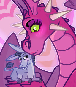 3_fingers anthro black_eyebrows black_eyes black_hooves black_mane black_tail blush blush_lines canon_couple carrying_another carrying_partner cheek_tuft closed_smile duo eyebrows eyelashes eyeshadow facial_tuft female female_anthro feral fingers fur green_eyes grey_body grey_fur happy heart_symbol hooves kissing_cheek larger_anthro larger_female lipstick logo long_ears love makeup male male/female male_feral mane membrane_(anatomy) membranous_wings mouth_closed multicolored_body multicolored_scales outline pink_background pupils purple_eyeshadow purple_line_art purple_wings quadruped red_body red_lipstick red_scales red_spines scales short_mane simple_background size_difference slit_pupils smaller_feral smaller_male smile tail tan_spikes thick_line_art tuft unguligrade white_outline wings syrikatgrubiyana dreamworks european_mythology mythology shrek_(series) donkey_(shrek) dragon_(shrek) asinus donkey dragon equid equine mammal mythological_creature mythological_scalie scalie western_dragon winged_dragon 2020 artist_logo cel_shading colored colored_line_art digital_drawing_(artwork) digital_media_(artwork) english_description hi_res shaded