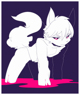 anthro biped border clothing emotionless fur hair looking_at_viewer male partially_submerged purple_background raised_tail red_eyes shirt simple_background solo tail topwear white_body white_border white_clothing white_fur white_hair white_shirt white_topwear oouyuki_benten canid canine canis lagomorph leporid mammal rabbit wolf 2014