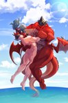 anthro blue_hair butt_wing chest_gem cloud dancing duo eyes_closed feet flying gem hair hand_holding long_hair male male/male membrane_(anatomy) membranous_wings muscular muscular_male nude ponytail red_body red_scales scales sea sky tail water wings ricewine_umai anothereidos_of_dragon_vein_r mythology atmos_(anothereidos_r) gaia_(anothereidos_r) dragon human hybrid mammal mythological_creature mythological_scalie scalie hi_res