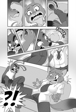 alternate_species anthro clothed clothing duo female furniture growing male shocked shrinking size_transformation sofa species_transformation transformation boastudio disney zootopia judy_hopps nick_wilde canid canine fox lagomorph leporid mammal rabbit black_and_white comic hi_res monochrome