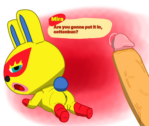 anthro anus asking_viewer bodily_fluids boots clothing duo female footwear genital_fluids genitals gloves handwear leaking leaking_precum looking_at_viewer lying male male/female mask on_front penis precum questioning shoes simple_background speech_bubble text vein veiny_penis rob-posa animal_crossing nintendo anonymous_character mira_(animal_crossing) lagomorph leporid mammal rabbit