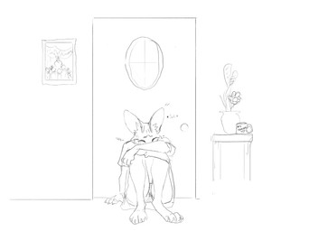 anthro bodily_fluids breasts clothed clothing container cup digitigrade door female fur furniture onomatopoeia sob solo sound_effects table tail tears text wetchop ms._serval_(wetchop) felid feline mammal serval digital_media_(artwork) monochrome