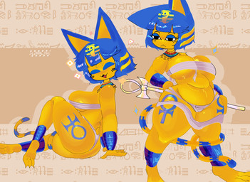 anthro bandage big_breasts big_butt black_eyes blue_body blue_eyeshadow blue_fur blue_hair breasts butt chest_wraps cleavage clothed clothing eyelashes eyeshadow feet female front_view fur hair leg_markings makeup markings navel sitting solo striped_markings striped_tail stripes tail tail_markings thick_thighs thigh_markings under_boob uraeus wide_hips wraps yellow_body yellow_fur miaval_tec animal_crossing nintendo ankha_(animal_crossing) domestic_cat felid feline felis mammal hi_res