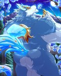 anthro balls big_balls big_butt big_muscles butt eyes_closed flower fur genitals male muscular muscular_anthro muscular_male nude plant rear_view solo tail teeth daikitei league_of_legends riot_games tencent warwick_(lol) canid canine canis humanoid mammal wolf absurd_res hi_res