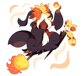 ambiguous_gender anthro big_breasts black_body black_fur breast_curtains breasts duo female female_focus feral fire fur orange_body orange_fur red_body red_fur simple_background under_boob white_background yellow_body yellow_fur sleepy_cheeky nintendo pokemon pokemon_legends_z-a fennekin generation_6_pokemon generation_9_pokemon mega_delphox mega_evolution pokemon_(species) full-length_portrait hi_res portrait