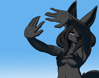 anthro black_body black_fur breasts female fur hair long_ears long_hair medium_breasts nipples nude red_eyes solo darkmageorigin shadow_hands_challenge lyra_munrais canid canine fox mammal absurd_res hi_res