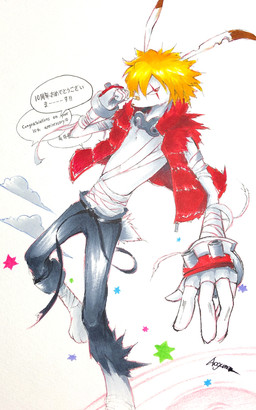 anthro bandage bandaged_arm black_bottomwear black_clothing black_pants blonde_hair bottomwear clothed clothing eyewear fur goggles hair jacket kemono male pants red_clothing red_eyes red_jacket red_topwear solo text topwear white_body white_fur aoguma summer_wars king_kazma lagomorph leporid mammal rabbit hi_res japanese_description japanese_text translation_request