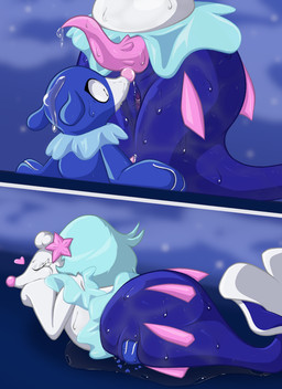 2_panel_comic animal_genitalia animal_penis anthro anus bodily_fluids cetacean_genitalia cetacean_penis duo erection genital_fluids genitals heart_symbol male male/male penis pink_penis precum semi-anthro size_difference tapering_penis wide_eyed pinnipip nintendo pokemon aquatic generation_7_pokemon mammal pinniped pokemon_(species) popplio primarina colored comic