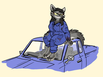 anthro barefoot big_breasts breasts brown_hair car clothed clothing coveralls feet female grease grease_stains hair light_truck motor_vehicle oil oil_stain pickup_truck sitting sitting_on_car sitting_on_vehicle slightly_chubby slightly_chubby_anthro slightly_chubby_female smile solo tail thick_thighs truck vehicle voluptuous_female wide_hips yellow_eyes bizart kira_(bizart) canid canine canis mammal wolf 2025 aliasing digital_media_(artwork) hi_res