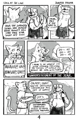 anthro armpit_hair backpack belly bodily_fluids body_hair bottomwear bulge chest_tuft clothing dialogue duo eyes_closed facial_hair floppy_ears happy_trail male male/male moobs plant shirt shorts slightly_chubby sweat t-shirt tail tail_motion tailwag text topwear tree tuft junipermaxima rory_(junipermaxima) sean_(junipermaxima) canid canine canis domestic_cat domestic_dog felid feline felis mammal absurd_res comic english_text hi_res trans_(lore) trans_man_(lore)