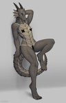 against_surface against_wall anthro claws female fin flat_chested grey_body grey_scales head_fin horn leaning leaning_backward looking_at_viewer nude pasties pussy_tape scales simple_background solo tail tape toe_claws patecko alien reptile scalie 2024 9:14 hi_res