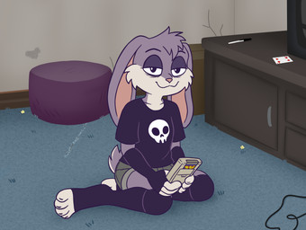 4_toes anthro bean_bag bottomwear card carpet cheek_tuft claws clothed clothing controller electronics facial_tuft feet female finger_claws floor footwear four_of_hearts fur furniture grey_body grey_fur handheld_console holding_controller holding_object inner_ear_fluff inside living_room long_ears messy_room object_on_table paws pen plantigrade playing_card playing_game purple_body purple_fur relaxing retro_game shirt short_fur shorts sitting sitting_on_ground skull_shirt smug socks solo standing t-shirt tail television toe_claws toeless_footwear toeless_socks toes topwear tuft visible_tail white_body white_fur unknown_artist game_boy game_boy_family nintendo violet_bunny lagomorph leporid mammal rabbit absurd_res digital_media_(artwork) hi_res