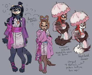 4_toes alternate_species anthro anthrofied asian_clothing bangs barefoot barefoot_sandals belly black_body black_eyes black_fur black_hair bow_ribbon brown_body brown_eyes brown_fur claws clothing digitigrade dress east_asian_clothing feet female finger_claws fur grey_background group hair holding_parasol japanese_clothing jewelry long_hair long_sleeves necklace obi open_mouth parasol paws pink_clothing pink_dress pink_robe red_hair robe simple_background text toe_claws toes trio white_belly white_sclera pcktknife ace_attorney capcom dahlia_hawthorne maya_fey pearl_fey domestic_ferret mammal mustelid musteline polecat_(mustelid) true_musteline weasel absurd_res digital_media_(artwork) english_text hi_res